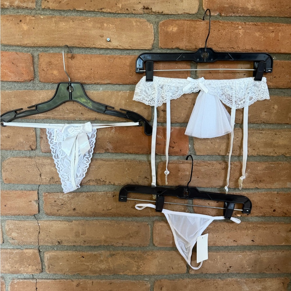 White Lace Garter Set with Thong and G-String